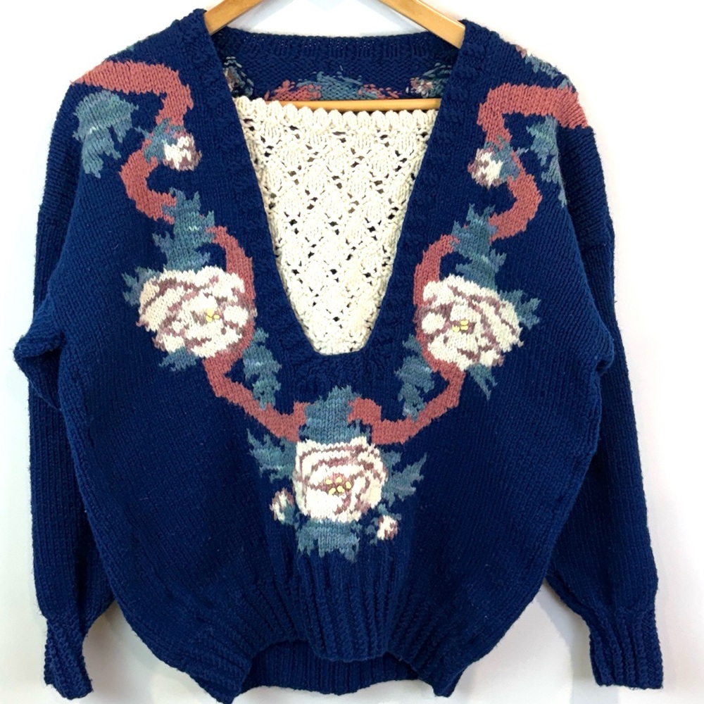 Handmade Floral Knit V-Neck Sweater - Blue fits size L